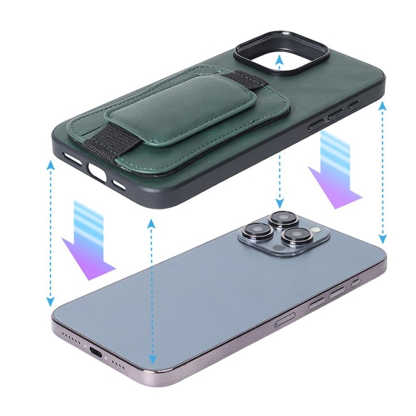 iPhone 15 Pro PU-nahkainen TPU-puhelinkotelo, jossa pyörivä käsihihna, jalusta ja korttipidike Purple