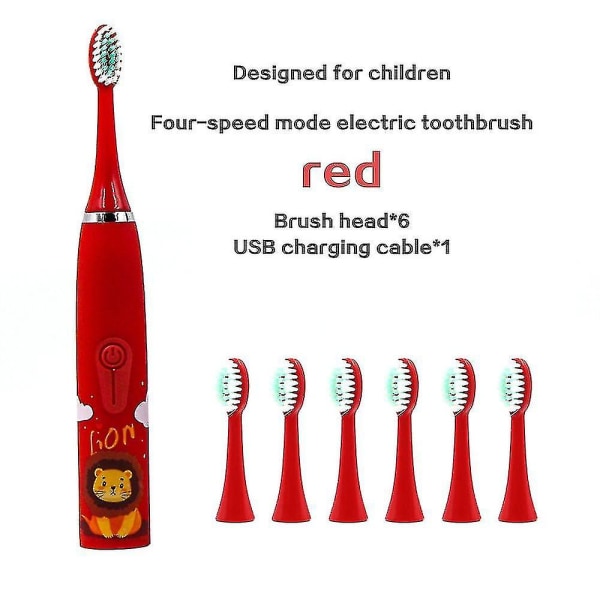 Barn Elektrisk Tandborste Sonic Oral Care Tandrengöring USB Laddning Med 6 Extra Huvuden Red