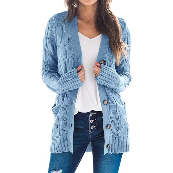 Dame Cardigan med åpen front og lommer i midtlengde, ensfarget strikkegenser Light Blue L