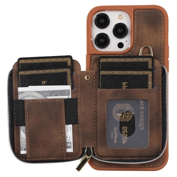 For Iphone 15 Pro Max Glidelås Lommebok Telefondeksel Stativ Pu Lærbelagt Tpu Etui Brown