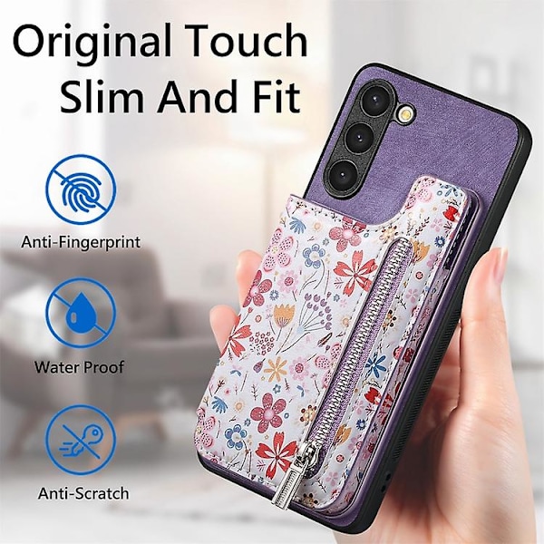 For Samsung Galaxy S23+ 5g Retro Malt Retro Zipper Lommebok Bak Mobiltelefon Deksel Purple