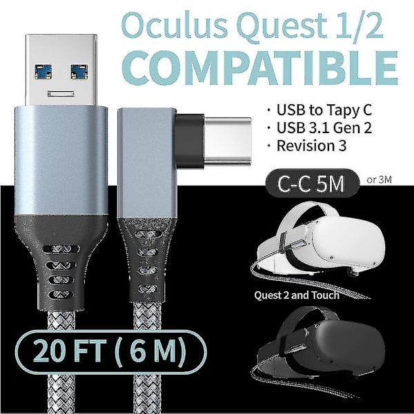 Koblingskabel for Oculus Quest 2, Rask lading & PC-dataoverføring USB-C 3.2 Gen1 5 Gbps PD-overføring ladekabel VR-hodetelefonkoblingskabel Stcyv Grey 3M