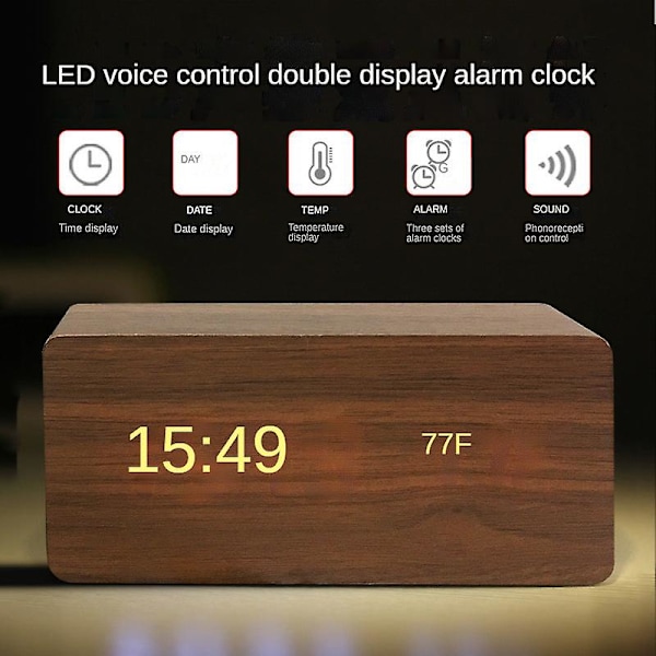 Smart multifunktionell väckarklocka LED-display lysande temperatur dubbel display väckarklocka USB träklocka Rectangular black White light