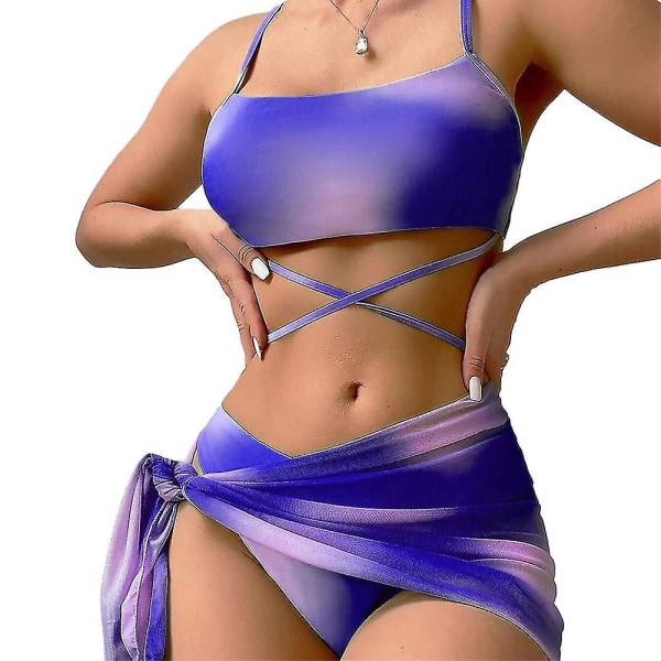 3-delad Tie-dye Sexig Bikini Set För Kvinnor Snabbtorkande Badkläder För Utomhusstrand Purple L