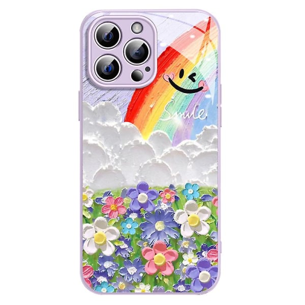 Hærdet glas etui til iPhone 12 Pro Max med TPU-kant, telefoncover med smilende regnbue- og blomstermønster Purple