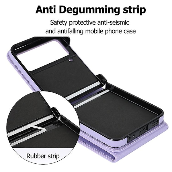Samsung Galaxy Z Flip4 -puhelinkotelo, jossa litchi-kuviointi, RFID-korttipaikka ja rengaskiinnike Purple