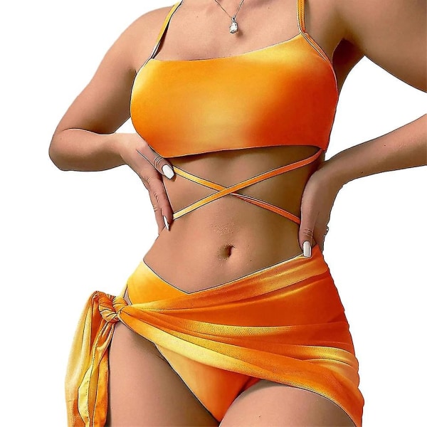 3-delad Tie-dye Sexig Bikini Set för Kvinnor Snabbtorkande Badkläder för Utomhusstrand Orange Yellow L