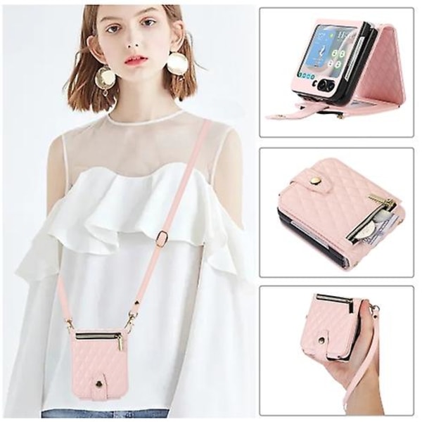 För Samsung Galaxy Z Flip5 Crossbody Diamond Lattice Fällbar Läder Mobiltelefonfodral Pink