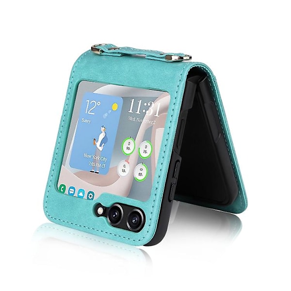 Samsung Galaxy Z Flip5:lle crossbody-korttipaikallinen nahkainen matkapuhelinkotelo Mint Green