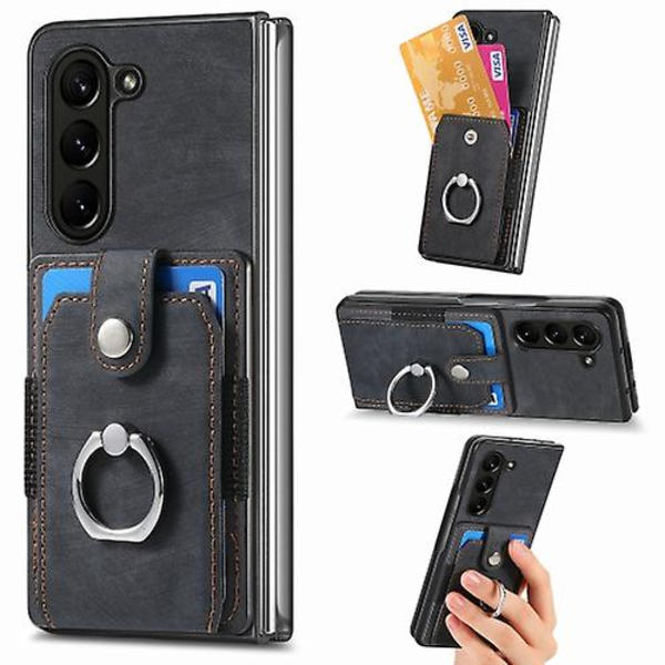 För Samsung Galaxy Z Fold5 5g Retro Skin-feel Ring Multi-kort Plånbok Mobiltelefonfodral Black
