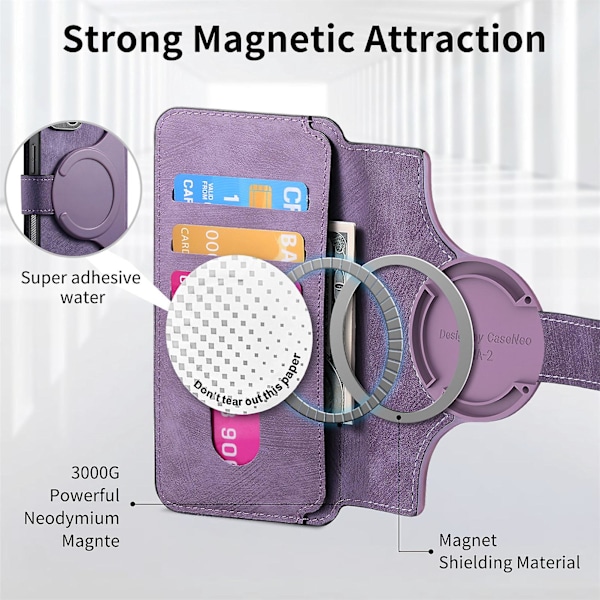 Irrotettava magneettinen lompakkokotelo iPhone 15:lle, miehille ja naisille, RFID-suojattu materiaali, retro folio flip nahkakotelo, jossa on 3 korttipaikkaa 15 Pro Purple