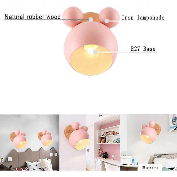 Kreativ tecknad trävägglampahållare, nordisk macaron E27 LED sänglampahållare, barns läslampa för korridor, vardagsrum, loft (rosa) Pink Mickey wall lamp