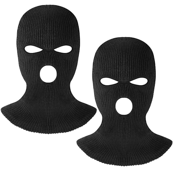 2pcs 3 Hole Knitted Full Face Cover Mask Thermal Winter Warm Knit Beanie For Outdoor Sports Black