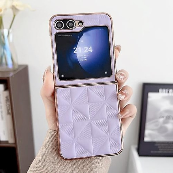 Samsung Galaxy Z Flip5 5g:lle Plating Plaid Pu All-inclusive iskunkestävä matkapuhelinkotelo Purple
