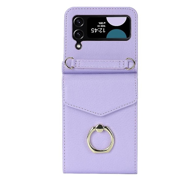 Samsung Galaxy Z Flip4 -puhelinkotelo, jossa litchi-kuviointi, RFID-korttipaikka ja rengaskiinnike Purple