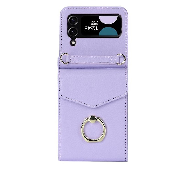 Til Samsung Galaxy Z Flip4 Litchi Texture Rfid Kortslot Mobiltelefon Etui Med Ringholder Purple