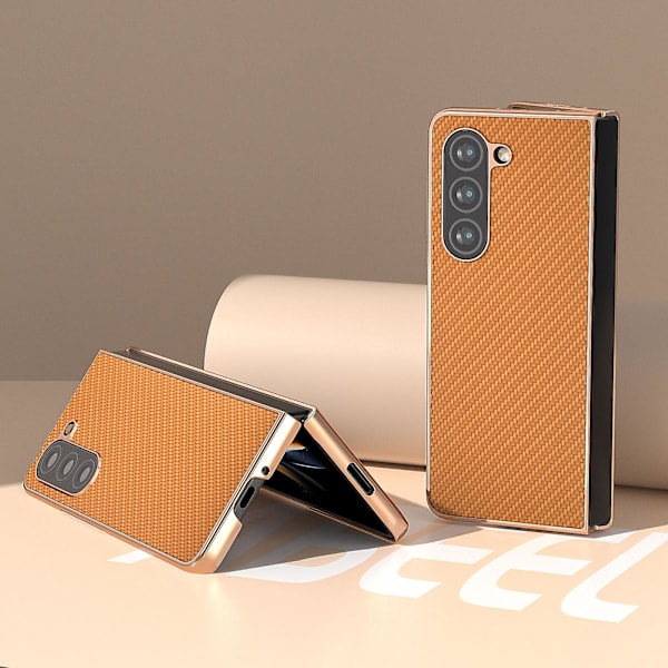 Elektropläterad kolfiberstruktur PU-läderbelagd PC-telefonfodral för Samsung Galaxy Z Fold5 5g Light Brown