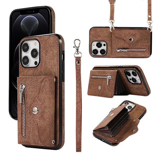 Iphone 12 / 12 Pro 6.1 tuuman PU-nahkainen + tpu-puhelinkotelo jalustakannella, jossa RFID-estokorttitasku Brown