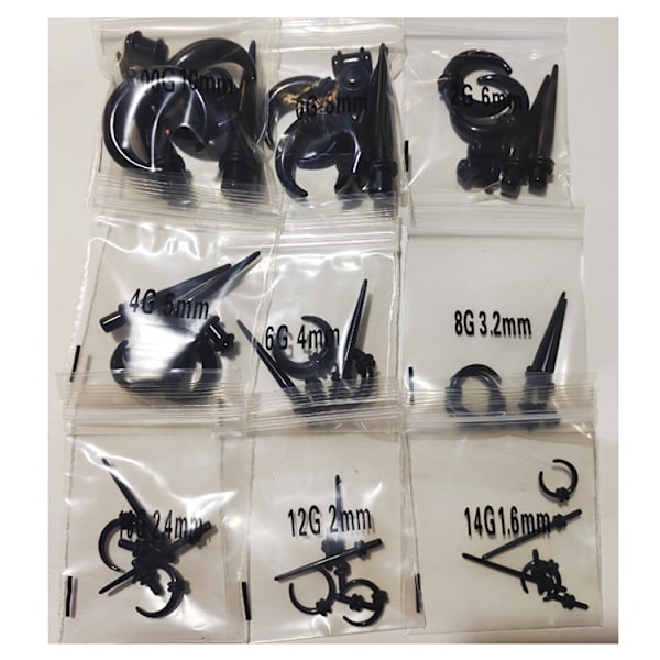 Ørestrækkingskit (Sort) 54 stk 14G-00G Øre Gauge Dilator