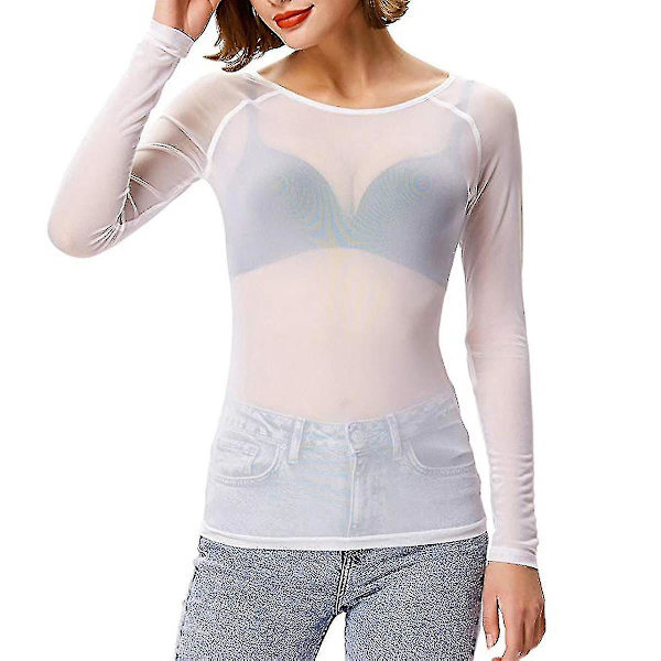 Kvinners gjennomsiktig langarmet sømløs arm shaper topp mesh skjorte bluse White M