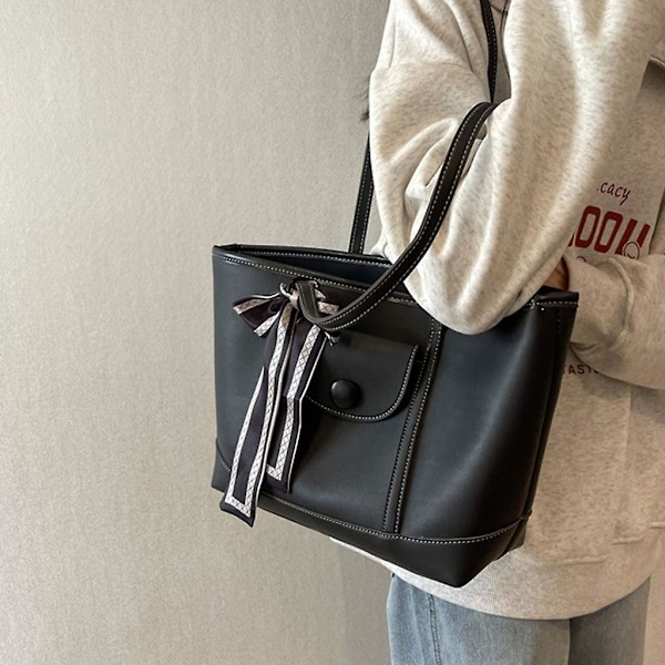 Dame Tote Bag Top Handle Bag Pu Lær Håndveske Stor Kapasitet Skulder Bag Black