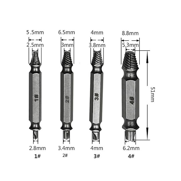 4 stk/sett skadet bor lett ut HSS skrueuttrekker fjerner reparasjonsverktøy D