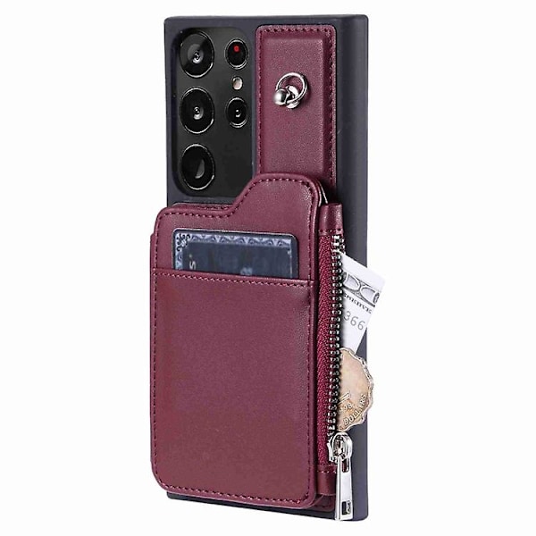 For Samsung Galaxy S23 Ultra 5g Glidelås Kortspor Rfid Mobiltelefondeksel Wine Red