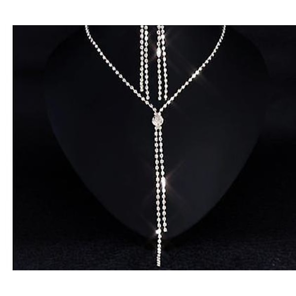 Smyckeset med strass, långt hänge, helt kristall, silverpläterat halsband, örhängen, elegant T