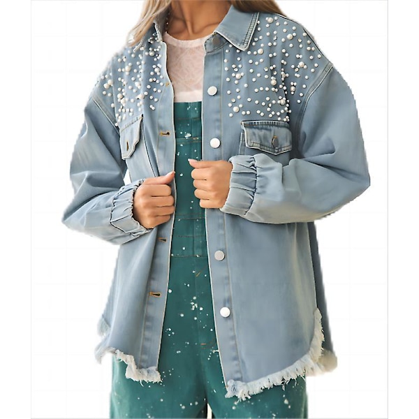 Dame Jeansjakke Broderte Perler Rå Kant Beading, 2023 Oversized Denimjakke Dame S