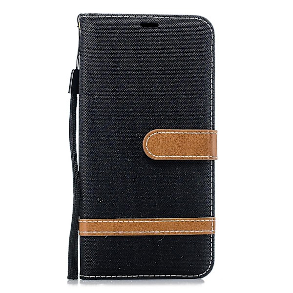 Tvåfärgat jeansväv PU-läder flipfodral för Samsung Galaxy J6+/J6 Prime Black