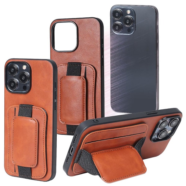 For iPhone 15 Pro PU Læderbelagt TPU Telefon Cover Rotary Hånd Band Kickstand Kort Holder Brown