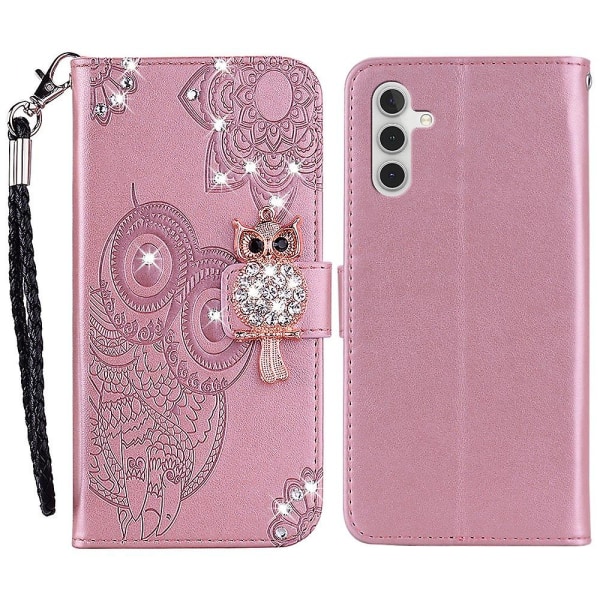 For Samsung Galaxy A14 5g Rhinestone Decor Scratch Resistant Phone Cover, Imprinting Owl Flower Pattern Stand Wallet Leather Case Rose Gold