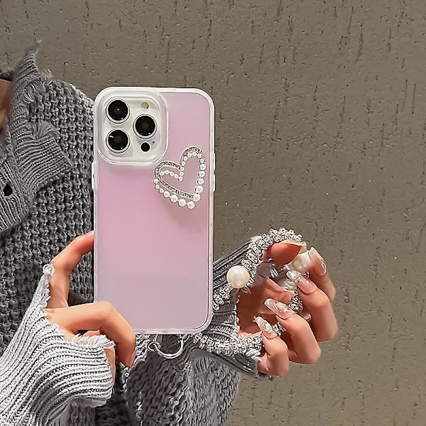 Iphone 14 Pro -kotelo rannehihnalla, laser-efekti, PC+TPU, helmiä, sydänkoriste, puhelimen suojus Transparent