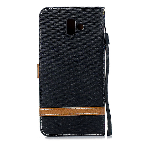 Tvåfärgat jeansväv PU-läder flipfodral för Samsung Galaxy J6+/J6 Prime Black