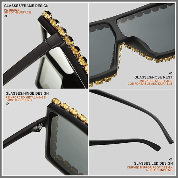2 par store firkantede krystall solbriller, flate topp store solbriller, retro tykke ramme bling solbriller for kvinner menn