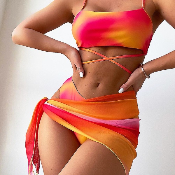 3-delad Tie-dye Sexig Bikini Set för Kvinnor Snabbtorkande Badkläder för Utomhusstrand Orange Yellow L