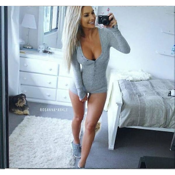 Sexy V-hals Bomuld Bodystocking med Lange Ærmer Efterårsbeklædning Sexy Slim Kort Bomuld Strikket Bodycon Bandage Jumpsuit 2019 Grey L