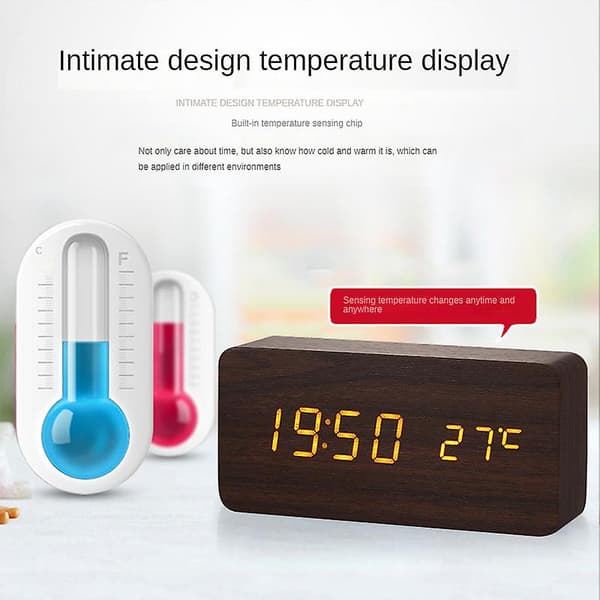 Smart multifunktionell väckarklocka LED-display lysande temperatur dubbel display väckarklocka USB träklocka Square black White light