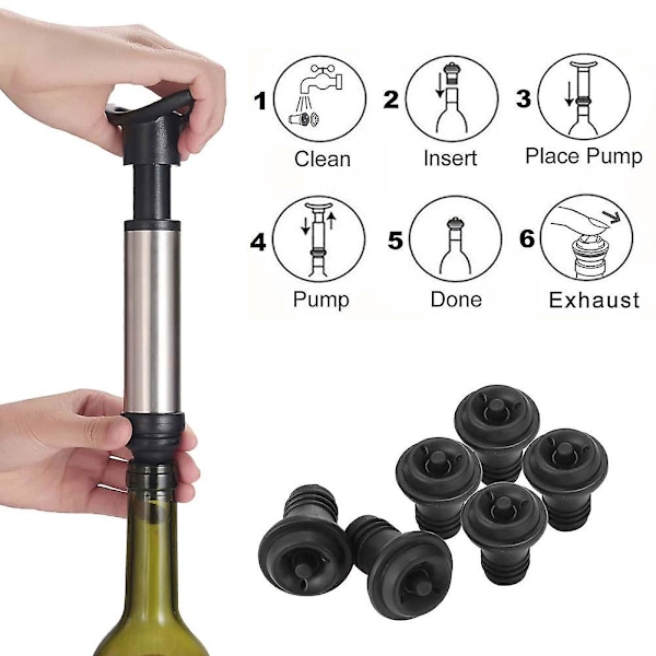 Red Wine Saver Fresh Preserver Vacuum Air Pump with 6 Silicone Bottle Stoppers