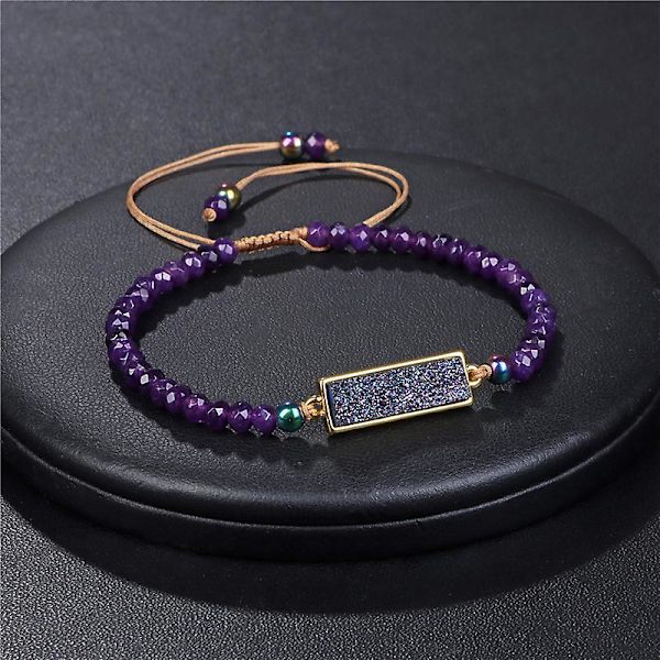 Naturstenspärlarmband för kvinnor med kristallkluster Justerbart flätad armband Present Purple