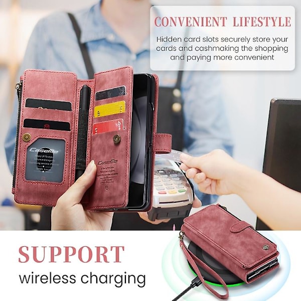 Caseme C30 Multifunktionellt Plånboksfodral med Korthållare och Dragkedja i Läder till Samsung Galaxy Z Fold5 Red