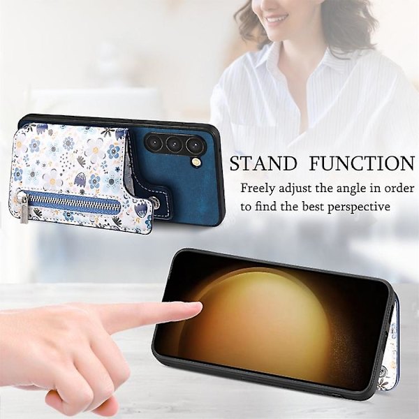 For Samsung Galaxy S23+ 5g Retro Malt Retro Zipper Lommebok Bak Mobiltelefon Deksel Blue