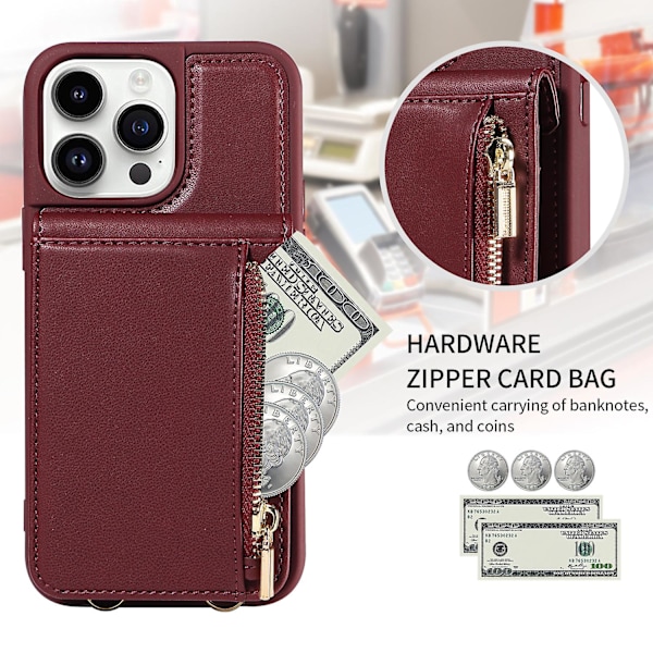 For Iphone 15 Pro Etui Fallsikkert Pu+tpu Støttefot Glidelås Lommetelefonbeskytter Wine Red