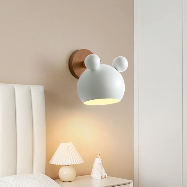 Kreativ Tegneserie Vegglampeholder i Tre, Nordisk Makron E27 LED Sengelampeholder, Barneleselampe for Gang, Stue, Loft (Rosa) White Mickey wall lamp