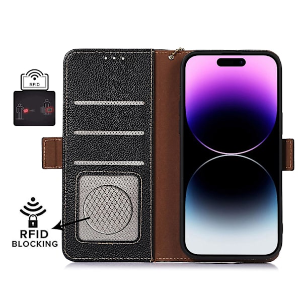 Plånboksfodral i läder med RFID-blockering och stativfunktion till iPhone 15 Black