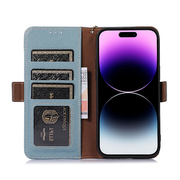 Plånboksfodral i läder med RFID-blockering för iPhone 15 Blue