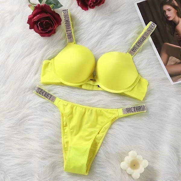 Ny Lingerie Damuppsättning - Het Spets, Sexig Push-Up BH, Hemlig BH-Set 80C Yellow