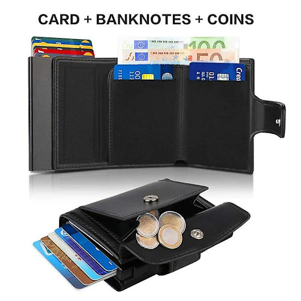 Mode Man Automatisk Pop Up Högkvalitativ Äkta Läder Plånbok med Myntfack RFID Skydd Aluminium Kortinnehavare