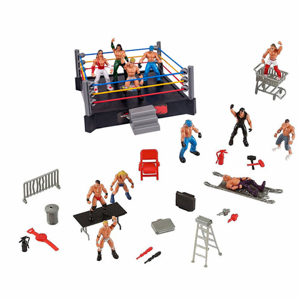 WWE Mini Wrestling Figur Sæt Wrestler Warriors Legetøj Med Firkantet Ring & Tilbehør Sjov Miniature Kamp Actionfigurer Gave Høj Kvalitet 636-C Four Square Arena