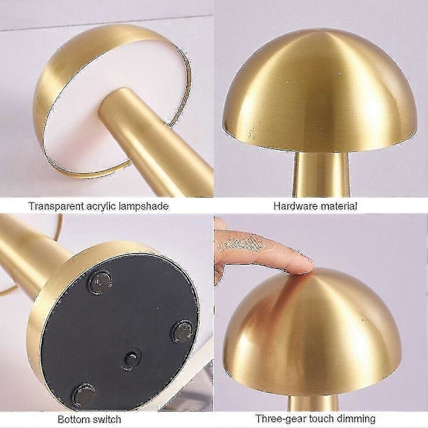 Laddbar LED-bordlampa med beröringskänslig sensor, skrivbordslampa, sovrum, restaurang, bar, inredning Gold Mushroom